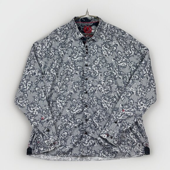 Au Noir Shirt Men Sz 8 Button Up Casual abstract Floral Paisley AOP Grey / Blue - Picture 1 of 16